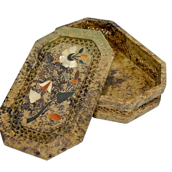 Trinket Jewelry Box & Lid Carve Stone Marble Mother of Pearl Inlay Flower Design - Picture 9 of 11